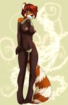  4_toes anthro bear breasts brown_nose clothed clothing cyndi digitigrade mammal nipples panda red_panda simple_background solo standing toes topless wide_hips yellow_eyes 