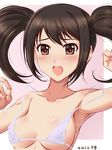  2016 :o abriel00 areola_slip areolae armpits bare_shoulders bikini bikini_top blush breasts brown_eyes brown_hair collarbone commentary_request covered_nipples dated embarrassed idolmaster idolmaster_cinderella_girls long_hair nakano_yuka open_mouth pink_background round_teeth simple_background solo sweat swimsuit teeth twintails wardrobe_malfunction white_bikini 