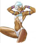  armpits arms_up blue_eyes bracelet breasts cleavage cropped_legs dark_skin earrings elena_(street_fighter) halterneck jewelry looking_at_viewer medium_breasts midriff murata_yuusuke navel neck_ring ribs short_hair silver_hair smile solo street_fighter swimsuit toned traditional_media white_background 