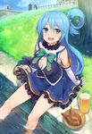  :d alcohol aqua_(konosuba) arm_support bangs bare_legs beer blue_dress blue_eyes blue_hair blue_sky bow breasts chicken_(food) cleavage cloud cloudy_sky collar commentary_request darkness_(konosuba) day detached_sleeves dress eyebrows_visible_through_hair food frilled_collar frilled_dress frills grass hair_ornament kono_subarashii_sekai_ni_shukufuku_wo! long_hair medium_breasts megumin multiple_girls open_mouth outdoors plate red_bow sitting skirt_hold sky smile soaking_feet solo_focus tam-u tree water 