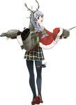  antlers braid cape from_behind fujikawa full_body green_hairband hair_ornament hairband hat kantai_collection long_hair looking_back machinery official_art open_mouth pantyhose plaid plaid_skirt pleated_skirt santa_costume santa_hat school_uniform shoes skirt smile solo transparent_background turret yamagumo_(kantai_collection) 