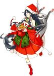  akira_(kadokawa) bare_shoulders black_hair blush boots bow breasts detached_sleeves dress full_body hair_ribbon hair_tubes hat kantai_collection large_breasts long_hair looking_at_viewer mizuho_(kantai_collection) official_art open_mouth red_footwear ribbon santa_costume santa_hat sidelocks smile socks solo transparent_background very_long_hair 