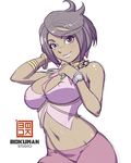  artist_name bare_shoulders black_eyes black_hair bokuman bracelet breasts cleavage closed_mouth covered_nipples dark_skin diamond_(shape) earrings elite_four eyebrows_visible_through_hair gem groin island_kahuna jewelry large_breasts lychee_(pokemon) navel neck_ring necklace pink_lips pink_shirt pokemon pokemon_(game) pokemon_sm purple_shorts shirt short_hair shorts simple_background smile solo tank_top white_background 