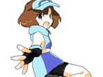  :o ace_trainer_(pokemon) bare_shoulders bike_shorts black_eyes black_gloves blue_dress blue_hat blush breasts brown_hair dress fingerless_gloves gloves hat looking_at_viewer looking_back oimo_(14sainobba) open_mouth pokemon pokemon_(game) pokemon_sm short_dress short_hair simple_background sleeveless sleeveless_dress small_breasts solo v-shaped_eyebrows visor_cap white_background 