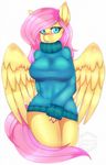  2016 anthro anthrofied blush bottomless cheezayballz clothed clothing equine feathered_wings feathers female fluttershy_(mlp) friendship_is_magic hair hi_res long_hair looking_at_viewer mammal my_little_pony pegasus pink_hair simple_background solo sweater white_background wings 