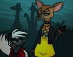  2016 anthro cervine cigarette clothed clothing deer disney duo_focus ear_piercing eye_contact eyebrow_piercing facial_piercing fan_character group half-closed_eyes hoodie hugh_muskroura inkyfrog jewelry male mammal necklace piercing red_eyes skunk smile studded_collar zootopia 