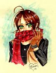  2016 70s 80s ahoge bad_id bad_pixiv_id brown_hair dated gloves green_eyes highres igarashi_yumiko_(style) jyn_erso looking_at_viewer oldschool parody passion redesign rogue_one:_a_star_wars_story scan scarf signature sketch snowing solo star_wars style_parody traditional_media vest 