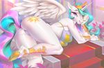  2016 anthro anthrofied bra bracelet butt camel_toe carpet clothing crown equine feathered_wings feathers female friendship_is_magic fur horn jewelry mammal miles_df my_little_pony princess_celestia_(mlp) purple_eyes solo thong tiara underwear white_fur winged_unicorn wings 