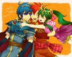  2boys armor blue_hair cheine chiki european_clothes fire_emblem fire_emblem:_monshou_no_nazo fire_emblem:_shin_ankoku_ryuu_to_hikari_no_tsurugi green_hair hair_ornament hair_ribbon hug kumakosion mamkute marth multiple_boys red_hair ribbon smile tiara 