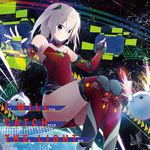  album_cover bare_shoulders benio_(dontsugel) boots cover display earth fingerless_gloves floating glasses gloves hair_ornament highres leotard red_leotard silver_hair smile solo space thigh_boots thighhighs wavforme 