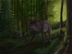  ambiguous_gender black_nose canine cyndi detailed_background feral forest fur grey_fur mammal nude open_mouth solo standing teeth tree water wolf yellow_eyes 