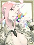  breasts cleavage collarbone large_breasts looking_at_viewer military military_uniform necktie one_eye_closed open_mouth pink_hair ponytail short_hair solo sudeni_sokurou uniform 