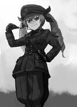  anchovy belt brown_eyes drill_hair furukawa_herzer girls_und_panzer gloves greyscale hat highres image_sample long_hair military military_hat military_uniform monochrome pixiv_sample riding_crop simple_background sketch smile solo twin_drills uniform 