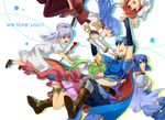  5girls armor bare_legs blue_hair cape chiki english european_clothes fingerless_gloves fire_emblem fire_emblem:_monshou_no_nazo fire_emblem:_shin_ankoku_ryuu_to_hikari_no_tsurugi floating gloves green_hair hair_ornament hair_ribbon headband hug katua long_hair maleesia mamkute maria_(fire_emblem) marth multiple_girls pointy_ears ponytail red_hair ribbon sheeda short_sleeves simple_background smile staff tiara yomi_(vernala) 