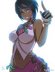  aqua_nails artist_name bangs bare_shoulders black_hair bloom breasts bright_pupils cleavage closed_mouth collarbone dark_skin diamond_(shape) earrings elite_four fingernails gem holding holding_poke_ball island_kahuna jewelry large_breasts long_fingernails looking_at_viewer lychee_(pokemon) midriff muki_(mayuiki) nail_polish navel neck_ring necklace pink_lips pink_shirt poke_ball pokemon pokemon_(game) pokemon_sm purple_eyes purple_shorts shirt short_hair short_shorts shorts simple_background smile solo stomach tank_top ultra_ball white_background 