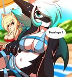  2016 animal_humanoid beach big_breasts bikini black_skin blonde_hair blue_eyes blue_hair breasts canine cetacean clothed clothing dragon english_text female fox fox_humanoid hair humanoid hybrid mammal marine orca penelope rainbowscreen seaside swimsuit text whale yukira 