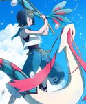  :o bangs bare_arms black_swimsuit blue_eyes blue_hair blue_pants blue_sailor_collar bright_pupils cloud crop_top day fishing fishing_rod gen_3_pokemon hairband highres holding leg_up milotic open_mouth outdoors pants pokemon pokemon_(creature) pokemon_(game) pokemon_sm rifu_(hunihuni1130) sailor_collar sandals shirt short_hair sleeveless sleeveless_shirt solo standing suiren_(pokemon) surprised swimsuit swimsuit_under_clothes trial_captain water white_shirt 
