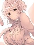  bouncing_breasts breasts buttons dyson_(edaokunnsaikouya) hair_ornament hairclip heart heart_hair_ornament large_breasts looking_at_viewer monochrome narusawa_ryouka necktie occultic;nine parted_lips short_hair solo 