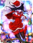  alternate_costume black_hair black_legwear blush boots box capelet christmas dress elbow_gloves fur_trim gift gift_box gloves hat highres horns kantai_collection knee_boots legwear_under_shorts light_cruiser_hime long_hair looking_at_viewer mask merry_christmas mochitsu_jou open_mouth pale_skin pantyhose red_footwear red_gloves sack santa_costume santa_hat shinkaisei-kan shorts skirt solo white_skirt 