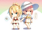  :o :t bikini blonde_hair braid breasts chaldea_lifesavers chibi cleavage commentary_request fate/apocrypha fate/grand_order fate_(series) florence_nightingale_(fate/grand_order) front-tie_top green_eyes hat holding_hands jpeg_artifacts medium_breasts mordred_(fate)_(all) mordred_(swimsuit_rider)_(fate) multiple_girls navel pink_eyes pink_hair polka_dot polka_dot_background red_bikini sandals shirt_on_shoulders side-tie_bikini small_breasts spoken_squiggle squiggle standing sun_hat swimsuit toosaka_asagi translation_request underboob v-shaped_eyebrows white_hat yellow_bikini 