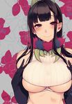  ane_naru_mono black_hair blush breasts chiyo_(ane_naru_mono) demon_girl floral_background highres horns large_breasts long_hair looking_at_viewer mole mole_under_eye pochi_(pochi-goya) purple_eyes smile solo underboob 