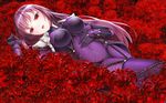  black_panties bodysuit breasts breasts_apart covered_navel fate/grand_order fate_(series) flower hand_on_own_chest large_breasts lipstick long_hair looking_at_viewer lying makeup on_back panties purple_hair red_eyes red_flower red_lipstick sakurai_sakurako scathach_(fate)_(all) scathach_(fate/grand_order) solo spider_lily underwear 