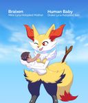  2016 anthro baby big_breasts braixen breasts canine cute digital_media_(artwork) drake_lyra english_text fan_character female fluffy fox fur human male mammal minx_lyra nintendo pok&eacute;mon silentsound simple_background smile text video_games young 