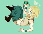  :d aqua_background aqua_eyes aqua_pants bangs bare_shoulders black_footwear blonde_hair boots breasts bright_pupils brown_background camera full_body gym_leader heart holding holding_camera medium_breasts navel oimo_(14sainobba) open_mouth pants parted_bangs pokemon pokemon_(game) pokemon_xy short_hair sidelocks simple_background smile solo tank_top viola_(pokemon) wristband 