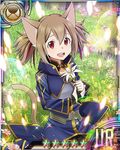  animal_ears breastplate brown_hair card_(medium) cat_ears cat_tail flower hair_ribbon holding holding_flower looking_at_viewer official_art open_mouth red_eyes red_ribbon ribbon short_hair silica silica_(sao-alo) solo star sword_art_online sword_art_online:_code_register tail white_flower 