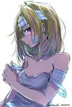 bandaged_arm bandaged_head bandages bare_shoulders blonde_hair breasts collarbone commentary_request eyepatch eyepatch_pull flip_flappers from_side jpeg_artifacts looking_at_viewer mataichi_mataro multicolored_hair profile purple_eyes serious shirt_slip short_hair simple_background sketch sleeveless small_breasts solo strap_pull strap_slip streaked_hair tank_top twitter_username undressing upper_body white_background yayaka 