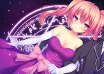  1girl akabane_(pixiv3586989) arm_hug bare_shoulders black_hair breasts cleavage collarbone dress dutch_angle elbow_gloves formal gloves large_breasts locked_arms magic_circle necktie orange_eyes original pink_hair purple_dress slit_pupils smile solo_focus suit twintails white_gloves 