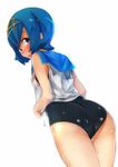  ass blue_eyes blue_hair blue_sailor_collar blush from_behind hairband looking_at_viewer looking_back one-piece_swimsuit pokemon pokemon_(game) pokemon_sm sailor_collar shirt short_hair sleeveless sleeveless_shirt solo souzando suiren_(pokemon) swimsuit swimsuit_under_clothes wet wet_clothes wet_shirt wet_swimsuit white_background 