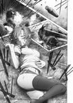  blush breasts buruma closed_eyes comic fire firing greyscale gym_uniform hand_on_own_stomach hong_meiling imizu_(nitro_unknown) lying monochrome multiple_girls navel on_back on_ground remilia_scarlet rubble shell_casing shirt short_hair small_breasts smoke sweat t-shirt tactical_clothes thighhighs touhou translation_request 