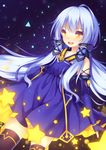  :d absurdres akabane_(pixiv3586989) black_legwear blue_dress detached_sleeves dress hair_tubes highres long_hair looking_at_viewer night night_sky open_mouth quad_tails sky smile solo star_(sky) starry_sky thighhighs vocaloid white_hair xingchen yellow_eyes zettai_ryouiki 