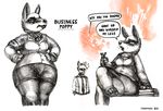  2016 anthro arkomeda blush breasts butt clothed clothing duo english_text female fur hair hi_res looking_at_viewer male mammal marsupial monochrome open_mouth opossum poppy poppy_opossum poppy_opossum_(character) powerdressing simple_background slightly_chubby standing suit text thick_thighs traditional_media_(artwork) webcomic white_background 