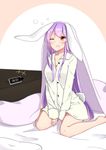  1girl ;o alternate_costume animal_ears blush bottomless breasts brown_eyes bunny_ears bunny_tail cleavage clock collarbone commentary_request digital_clock drooling floppy_ears long_hair long_sleeves medium_breasts on_bed one_eye_closed pajamas purple_hair reisen_udongein_inaba sidelocks sitting solo tail touhou v_arms very_long_hair waking_up wariza xialuluo_(sharuro) 