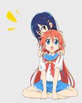  :o ahoge antenna_hair bangs barefoot blue_eyes blue_hair blush_stickers brown_eyes flip_flappers grey_background hair_ornament hairclip hands_on_another's_shoulders kokomine_cocona long_hair looking_at_viewer multiple_girls orange_hair papika_(flip_flappers) pleated_skirt school_uniform serafuku short_hair simple_background sitting skirt soles surprised toes tomato_(lsj44867) 