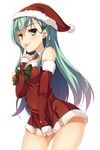  :p alternate_costume aqua_eyes aqua_hair aria. arm_warmers ascot ass_visible_through_thighs bare_legs bare_shoulders between_breasts breasts christmas christmas_tree_hair_ornament cleavage dress green_eyes hair_ornament hairclip hat kantai_collection long_hair looking_at_viewer medium_breasts santa_costume santa_hat school_uniform smile solo suzuya_(kantai_collection) tongue tongue_out 