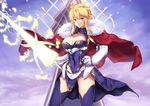  artoria_pendragon_(all) artoria_pendragon_(lancer) blonde_hair braid breasts cape cleavage contrapposto covered_navel crown elbow_gloves fate/grand_order fate_(series) fur_trim gauntlets gloves green_eyes jirusu lance large_breasts looking_at_viewer magic polearm serious solo standing thighhighs weapon 