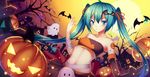  &gt;:) ahoge akabane_(pixiv3586989) bare_shoulders bat bat_hair_ornament black_gloves bow building collarbone elbow_gloves full_moon ghost gloves green_eyes green_hair hair_bow hair_ornament hair_ribbon halloween hatsune_miku highres jack-o'-lantern long_hair looking_at_viewer moon navel ribbon single_glove smile solo twintails v-shaped_eyebrows very_long_hair vocaloid 