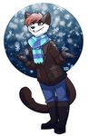  anthro canine clothed clothing fur hair male mammal nepetacide scarf smile snow solo standing teeth 