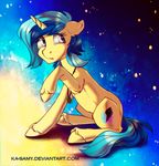  blue_hair cutie_mark equine fan_character female feral gradient_background hair hooves horn jewelry ka-samy mammal my_little_pony necklace nude pink_eyes simple_background sitting solo unicorn 