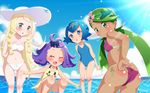  4girls :3 :o ^_^ acerola_(pokemon) arms_behind_back ass beach bikini blue_eyes blue_hair blue_sky blush cameltoe child clouds cloudy_sky dark_skin elite_four embarrassed eyes eyes_closed flower_on_head flower_ornament green_eyes hair_ornament hair_ribbon hat highres legs lillie_(pokemon) looking_at_viewer looking_back mao_(pokemon) mimikyu multiple_girls navel nintendo npc npc_trainer ocean one-piece_swimsuit open_mouth pale_skin panties pokemon pokemon_(creature) pokemon_(game) pokemon_sm purple_bikini ribbon sarujie_(broken_monky) shiny_skin short_hair sitting sky suiren_(pokemon) summer sunlight swimsuit trial_captain twintails underwear water wavy_mouth white_bikini 