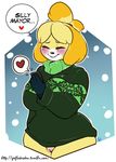  &lt;3 2016 animal_crossing anthro arnachy blonde_hair blush bottomless canine clothed clothing dialogue dog english_text eyes_closed female hair holding_object holding_phone isabelle_(animal_crossing) mammal nintendo phone pussy shih_tzu smile solo sweater text video_games 