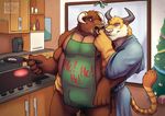  anthro apron bovine bulge cattle christmas christmas_tree clothing detailed_background egg facial_piercing feline fishbook5 front_view frying_pan holding_object holidays horn hybrid kitchen male male/male mammal mistletoe muscular muscular_male nipples nose_piercing oven pecs piercing pink_nose plant pose skaifox smile standing tarke tiger tigerbull tree werelion2003 