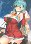  black_legwear blush body_mahattaya_ginga breasts christmas christmas_ornaments cleavage covered_navel detached_collar dress elbow_gloves gloves green_hair hair_ornament kantai_collection large_breasts licking_lips long_hair long_sleeves looking_at_viewer outdoors red_dress red_gloves sack santa_costume short_dress sidelocks snow snowing solo suzuya_(kantai_collection) tongue tongue_out 