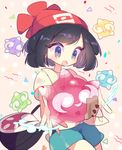  :o bag bangs beanie black_hair eyebrows_visible_through_hair floral_print gen_7_pokemon green_shorts handbag hat minior mizuki_(pokemon) no_nose open_mouth parted_bangs pink_background poke_ball_theme pokemon pokemon_(creature) pokemon_(game) pokemon_sm polka_dot polka_dot_background purple_eyes red_hat see-through shirt short_hair short_sleeves shorts smile takashino_(noni-nani) tied_shirt yellow_shirt 