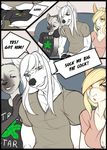  anthro canine clothed clothing comic english_text feline female fur group hair lagomorph male mammal pyro29 rabbit sitting sketch smile teil text video_games 