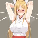  animal_ears armpits arms_behind_head blonde_hair blush breasts commentary_request cum cum_on_body cum_on_upper_body fox_ears grey_background highres large_breasts long_hair looking_at_viewer migchip original projectile_cum red_eyes slit_pupils solo sweat 