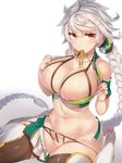 bare_shoulders bra braid breasts brown_eyes cleavage cupless_bra kantai_collection large_breasts long_hair looking_at_viewer mouth_hold navel silver_hair solo thighs underwear unryuu_(kantai_collection) very_long_hair yamaarashi 